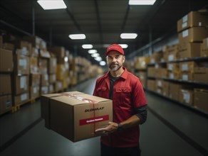 Postman parcel delivery man sorts packages in a warehouse