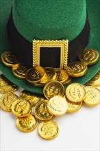 High angle leprechaun hat coins