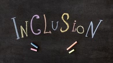 Inclusion word written colourful chalk