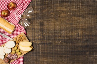 Picnic assortment wooden background with copy space