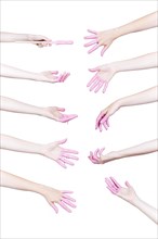 Set human hands with pink paint white background