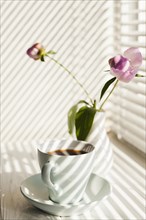 Shadow window blinds coffee cup flower vase