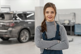 Smiley woman working car service