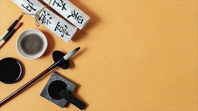 Top view chinese ink elements assortment with copy space