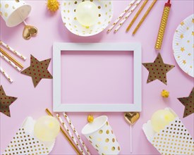 Top view party items with white frame