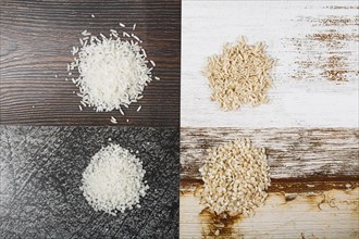 Vivid wooden background with variety rice
