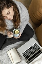 Woman home using laptop