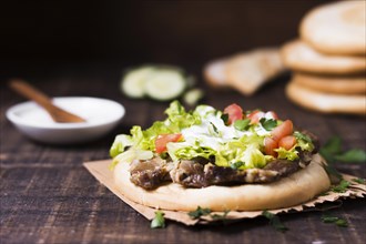 Arabic kebab sandwich with veggies pita bread