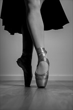 Close up grayscale pointe shoes