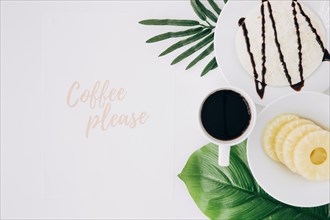 Coffee please text with healthy breakfast green leaves white background