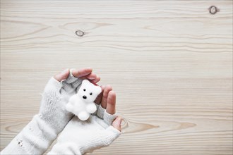 Crop hands mittens holding white bear