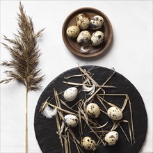 Flat lay easter eggs wooden plate slate