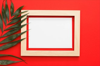 Green palm leaves branch with wooden frame red backdrop