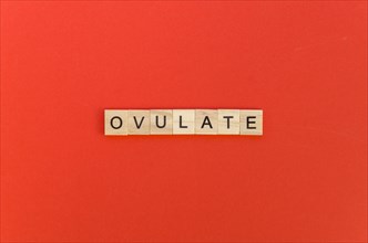 Ovulate word with scrabble letters red background