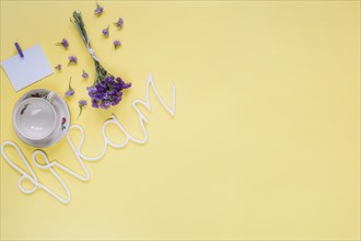 Purple flowers with dream word empty cup yellow surface
