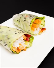Summer roll filled with colorful vegetables white plate