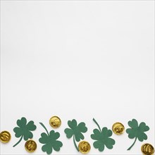Top view coins clovers frame