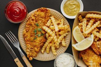 Top view fish chips with cutlery selection sauces