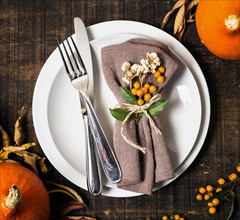 Top view thanksgiving dinner table arrangement with cutlery