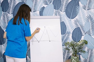 Woman blue t shirt drawing graph with marker flipchart against wallpaper