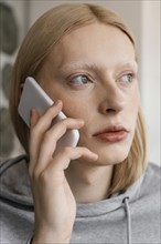 Close up woman talking phone