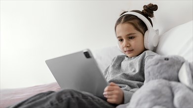 Little girl bed with headphones using tablet 2