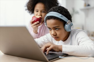 Siblings listening music using laptop
