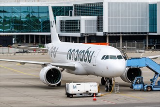 A Marabou Stork Airlines Airbus A320neo with the registration number ES-MBU at Munich Airport