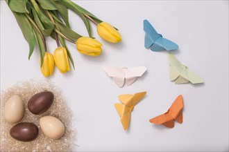 Spring composition with chocolate eggs tulips paper butterflies