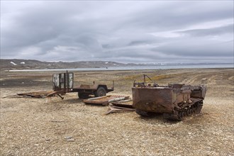 Rusty amphibian vehicle at deserted 1950s Kinnvika Arctic research station