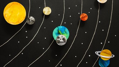 Flat lay creative paper planets composition