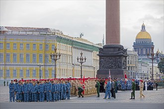 Military parade of Russian cadets in front of the Hermitage at Palace Square in the city Saint Petersburg