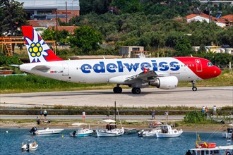 An Edelweiss Airbus A320 aircraft with the registration HB-JJM at Skiathos Airport