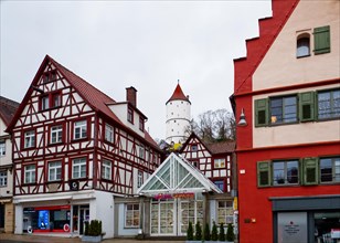 Half-timbered houses and the white tower in Biberach an der Riss