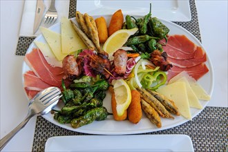 Appetiser plate on set table Mediterranean Italian dish Appetiser on large plate raw ham