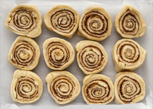 Flat lay cinnamon rolls tray