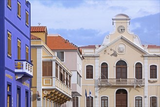 Colourful renovated colonial buildings and the town hall in the historic center of Mindelo on the island Sao Vicente