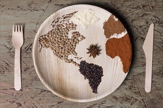 Top view plate with world map beans