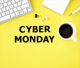 Top view keyboard with coffee cyber monday