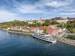 Aerial view of the town of Meersburg with the MS Ueberlingen scheduled boat of the Lake Constance Schiffsbetriebe