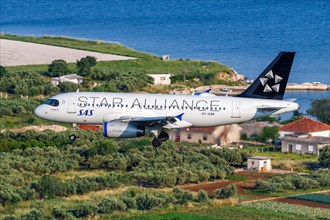 An Airbus A319 aircraft of SAS Scandinavian Airlines with the registration number OY-KBR in the Star Alliance special livery at Split Airport