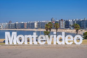 Montevideo sign on Playa de los Pocitos beach on the banks of the Rio de la Plata