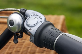 Close up of bike bell and grip shift