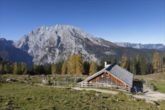 Mount Watzmann and wooden hut at Priesbergalm in the Berchtesgaden National Park