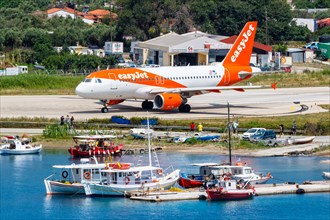 An EasyJet Airbus A319 aircraft with the registration number OE-LQF at Skiathos Airport