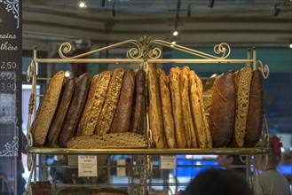 Fresh bread and baguette in a bakery
