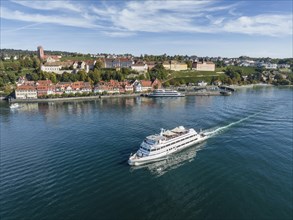 Aerial view of the town of Meersburg and the departing MS Graf Zeppelin of the Lake Constance Schiffsbetriebe