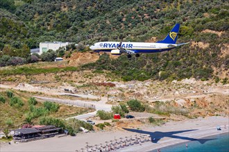 A Ryanair Boeing 737-800 aircraft with registration 9H-QBA at Skiathos Airport