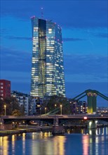 City view in the evening with the river Main and the European Central Bank