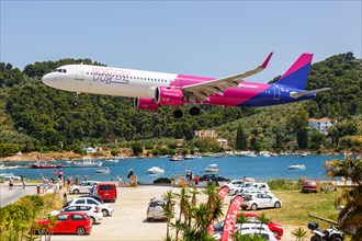 A Wizzair Airbus A321neo aircraft with the registration HA-LZE at Skiathos Airport